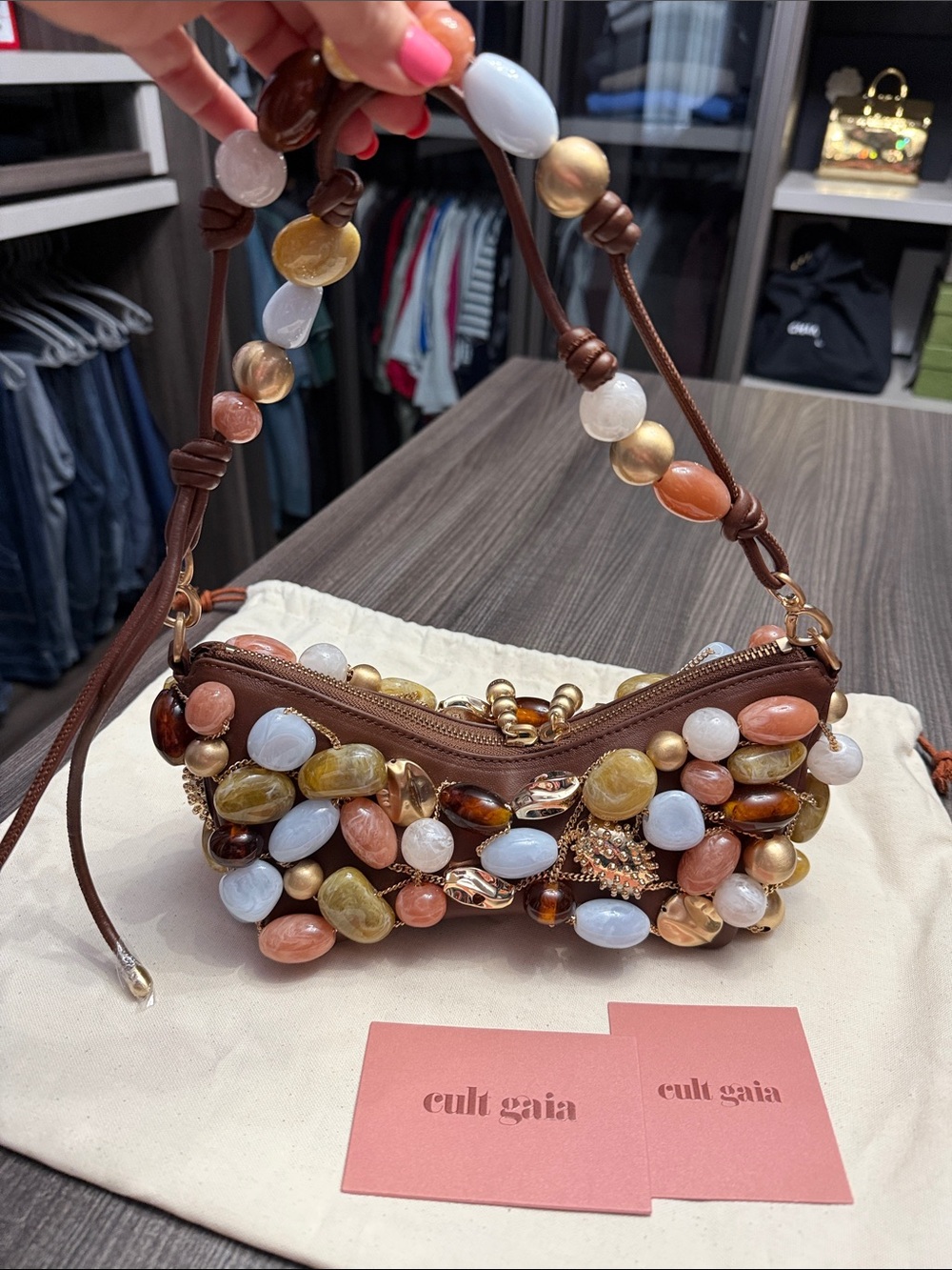 cult gaia Brown Shoulder Bag with Multicolor Bead Embellishments - Picture 5 of 8